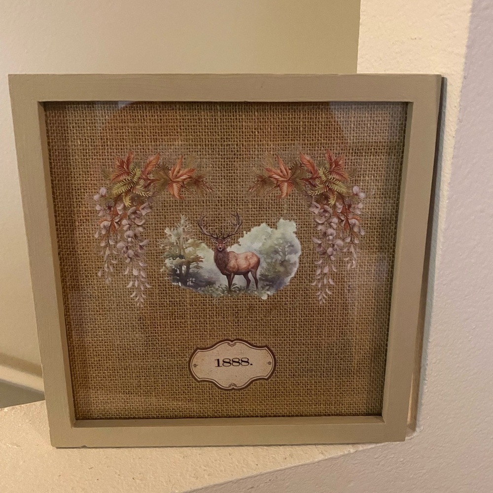 Hand Painted Beige Framed Burlap Art with Deer/ Floral Transfer added.Handmade.